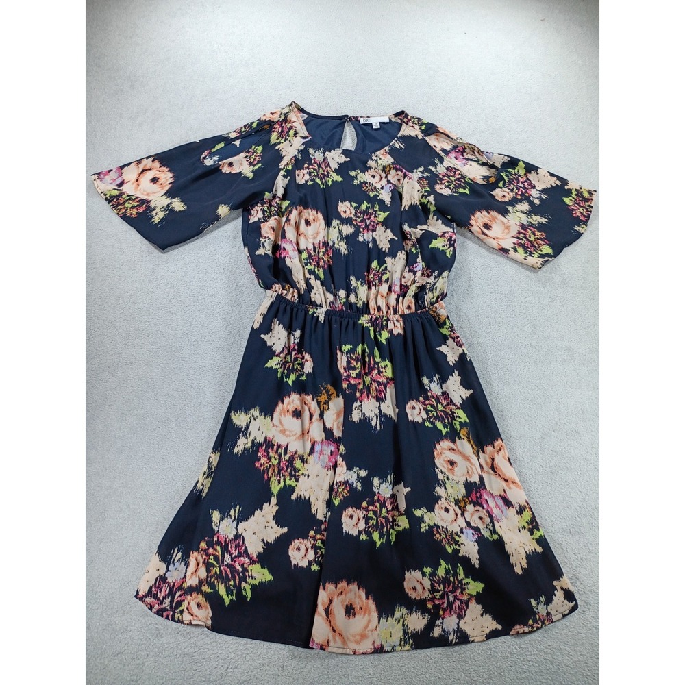 DR2 Women Floral Cold Shoulder Dress Navy XS Elastic Waist